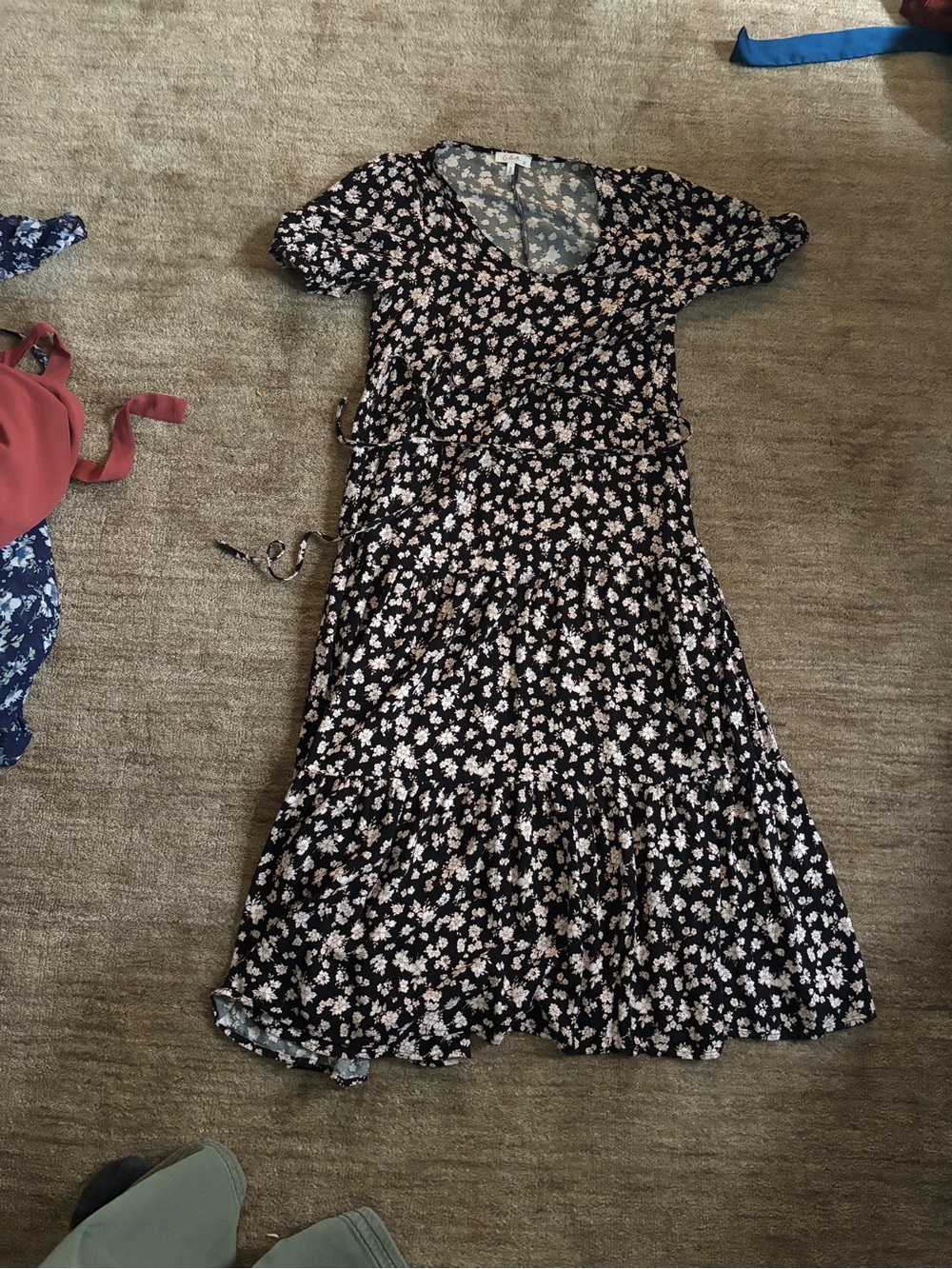 Floral Tiered Midi Dress - Black with Cream Blossoms